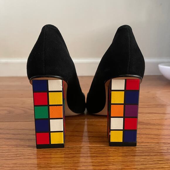Katy Perry The Caitlin Rubik’s Cube Heels Womens 6 Black Multicolor Suede Block - Picture 3 of 11